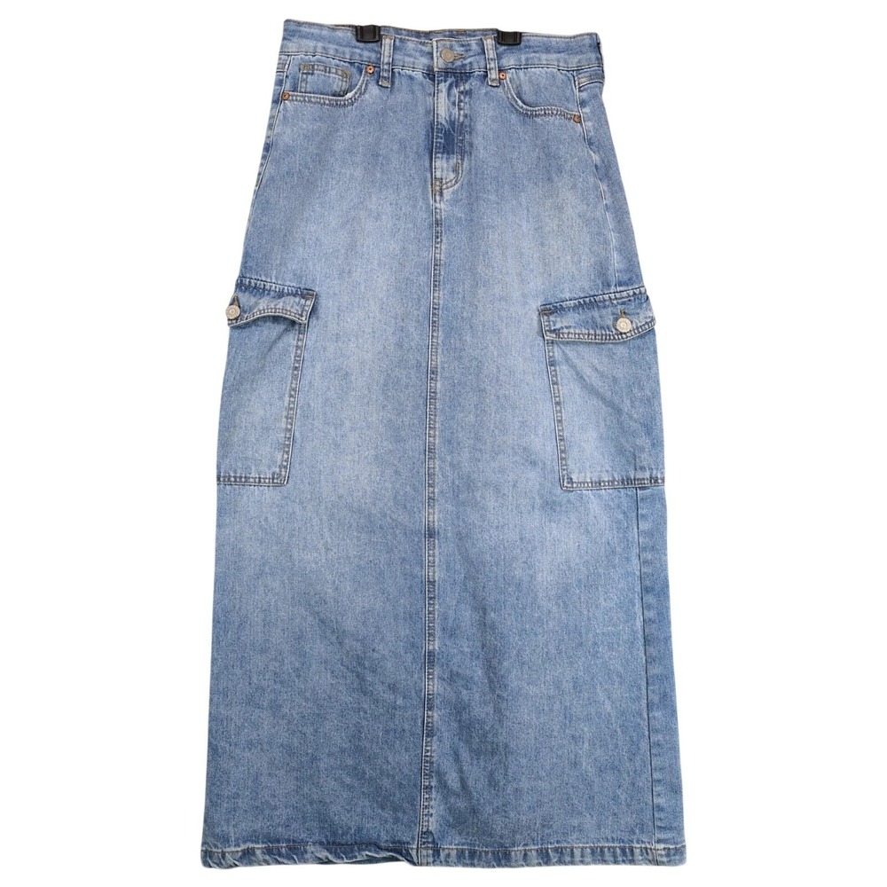 Sincerely Jules Blue Denim Cargo Straight Maxi Skirt Sz 7/28 Pockets Back Slit